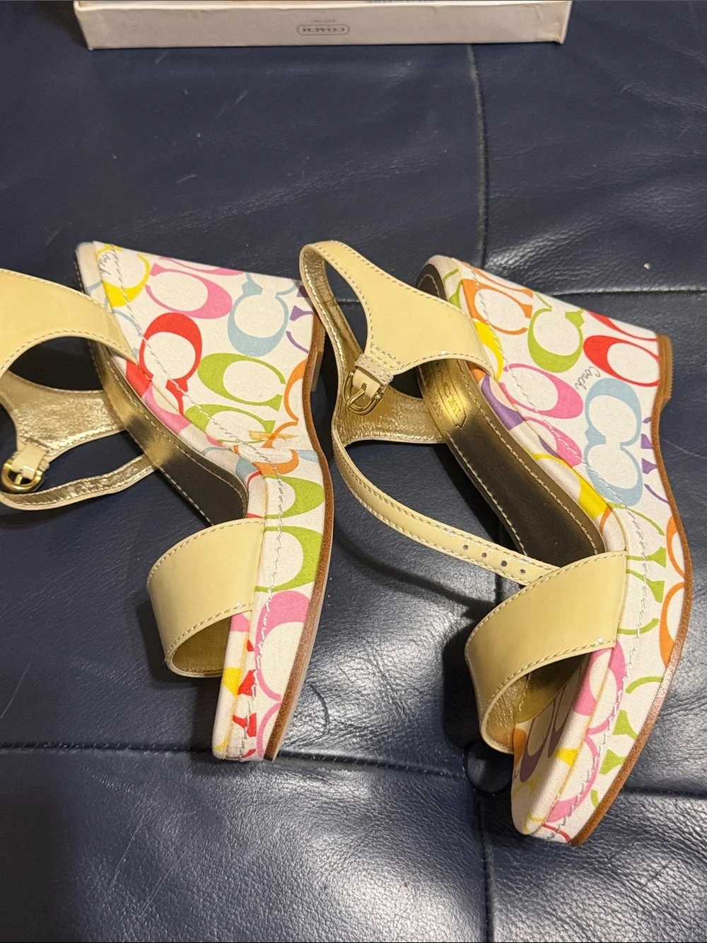 Coach Cream Patent Leather Slingback Sandals with Multicolor Insole